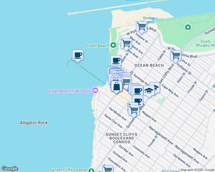 map of restaurants, bars, coffee shops, grocery stores, and more near 5070 Narragansett Avenue in San Diego