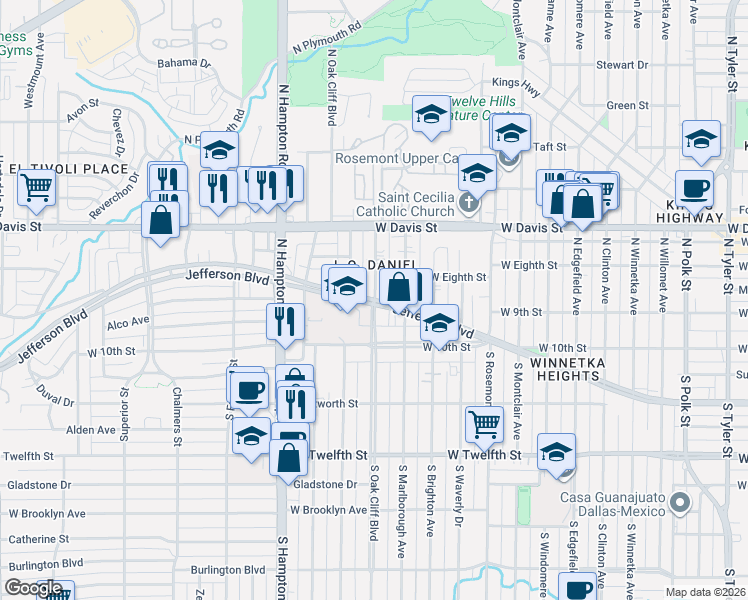 map of restaurants, bars, coffee shops, grocery stores, and more near 1924 West Jefferson Boulevard in Dallas