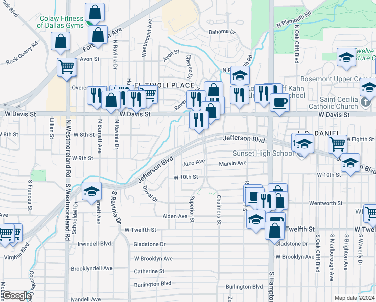 map of restaurants, bars, coffee shops, grocery stores, and more near 2736 West Jefferson Boulevard in Dallas