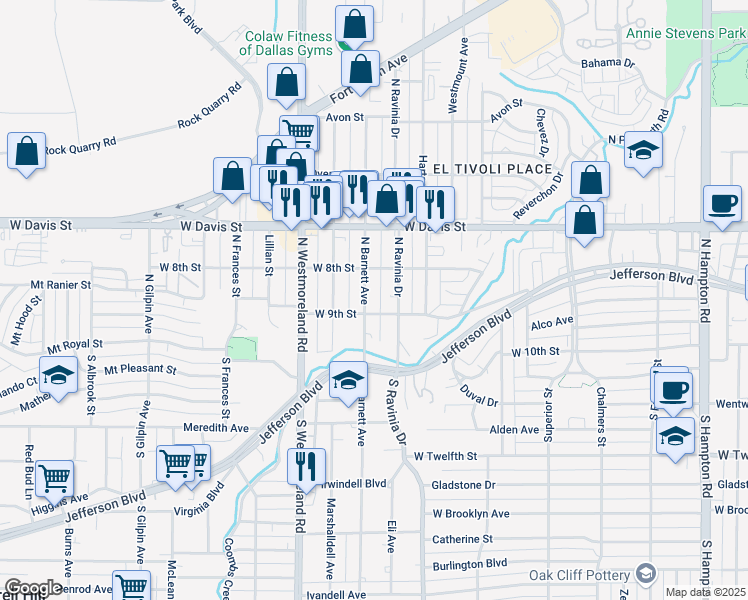 map of restaurants, bars, coffee shops, grocery stores, and more near 203 North Barnett Avenue in Dallas