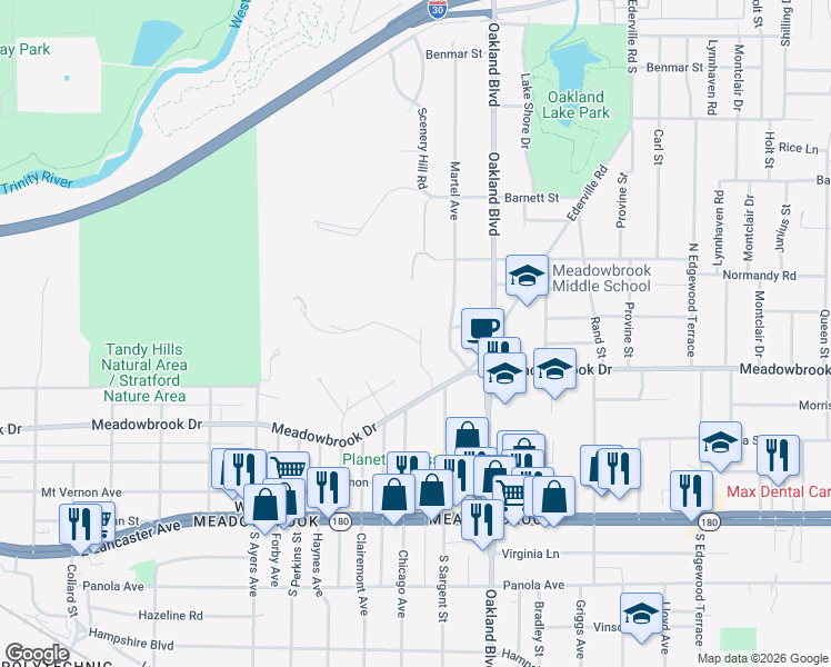 map of restaurants, bars, coffee shops, grocery stores, and more near 2200 Chelsea Road in Fort Worth