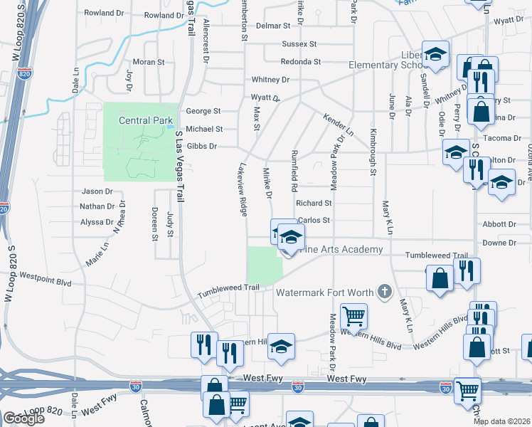map of restaurants, bars, coffee shops, grocery stores, and more near 1219 Mirike Drive in Fort Worth