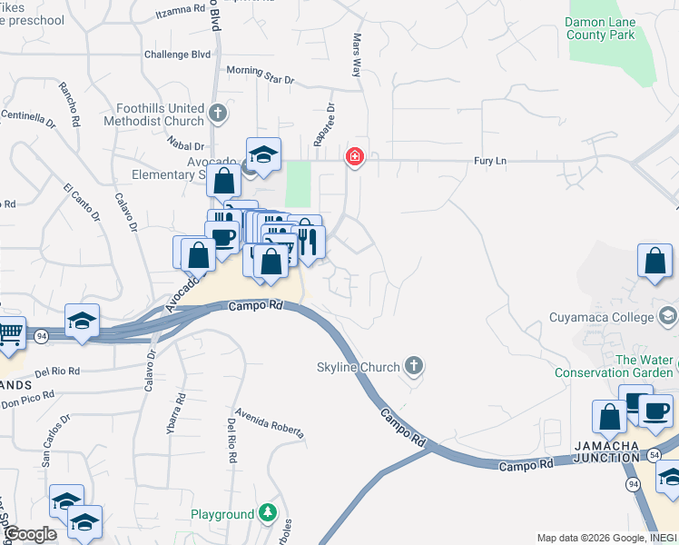 map of restaurants, bars, coffee shops, grocery stores, and more near 3673 Avocado Village Court in La Mesa