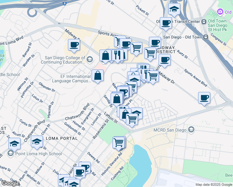 map of restaurants, bars, coffee shops, grocery stores, and more near 3084 Malaga Street in San Diego
