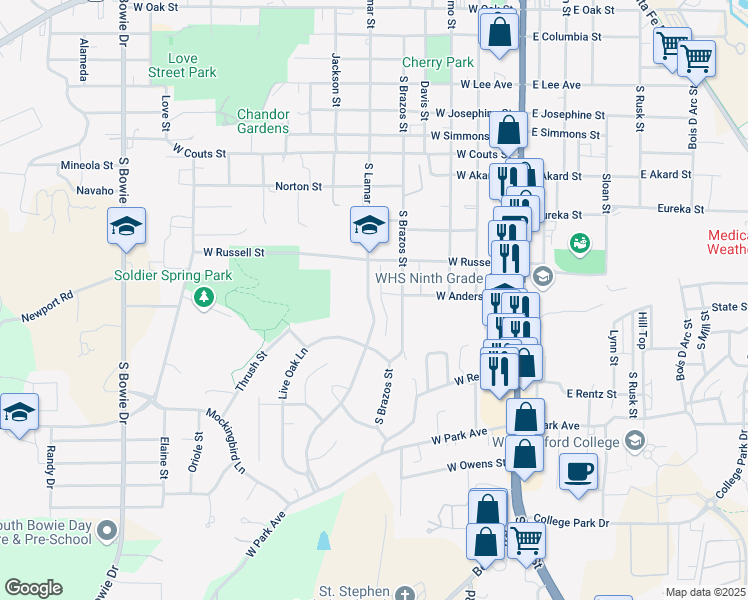 map of restaurants, bars, coffee shops, grocery stores, and more near 1106 Story Book Lane in Weatherford