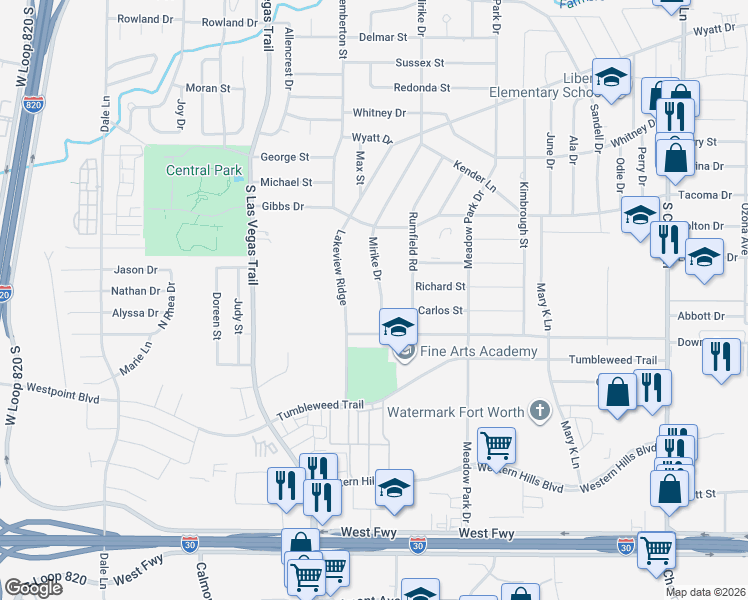 map of restaurants, bars, coffee shops, grocery stores, and more near 1219 Mirike Drive in Fort Worth