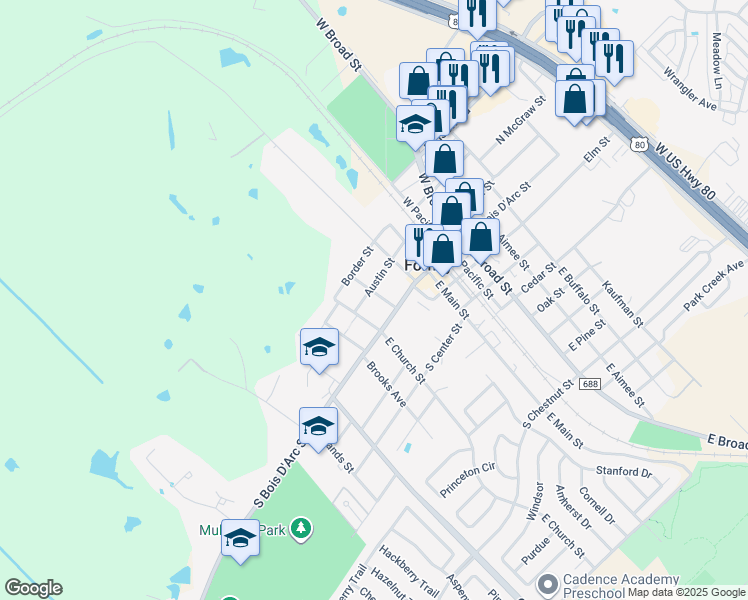 map of restaurants, bars, coffee shops, grocery stores, and more near 318 South Bois D Arc Street in Forney