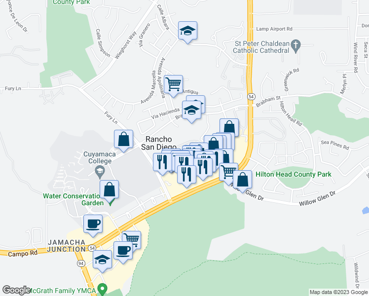 map of restaurants, bars, coffee shops, grocery stores, and more near 11410 Via Rancho San Diego in El Cajon