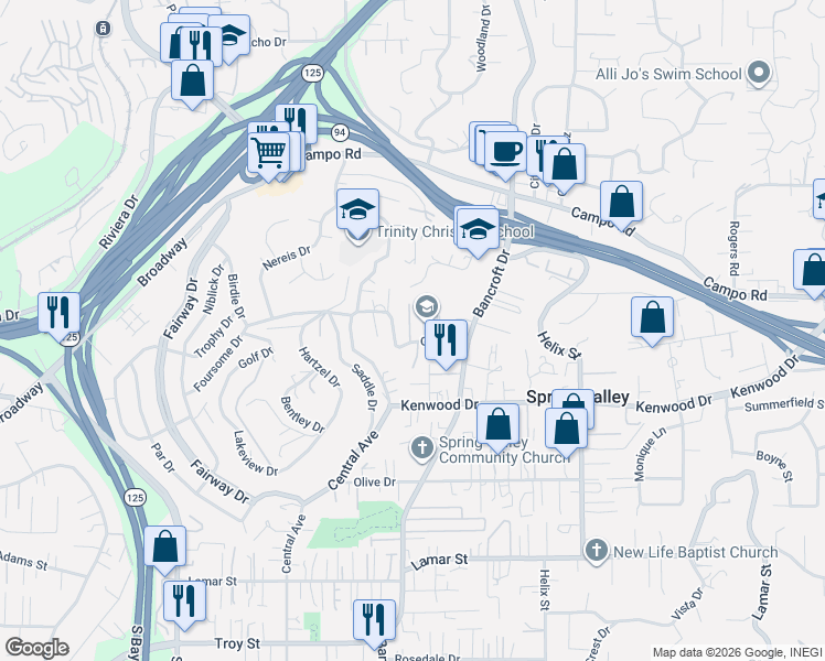 map of restaurants, bars, coffee shops, grocery stores, and more near 8872 Golf Drive in Spring Valley