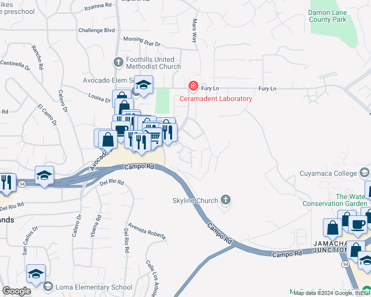 map of restaurants, bars, coffee shops, grocery stores, and more near 3673 Avocado Village Court in La Mesa