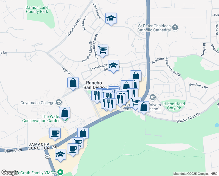 map of restaurants, bars, coffee shops, grocery stores, and more near 11410 Via Rancho San Diego in El Cajon