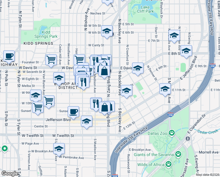 map of restaurants, bars, coffee shops, grocery stores, and more near 205 West 9th Street in Dallas