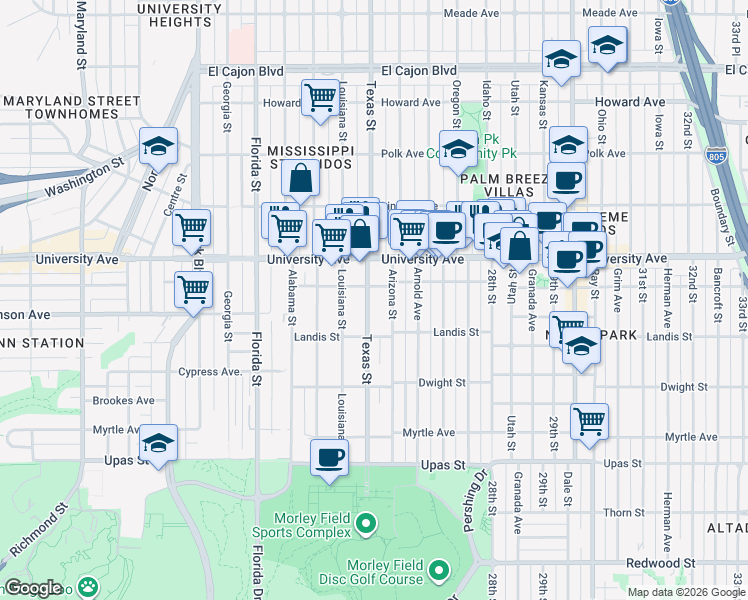 map of restaurants, bars, coffee shops, grocery stores, and more near 3750 Arizona Street in San Diego