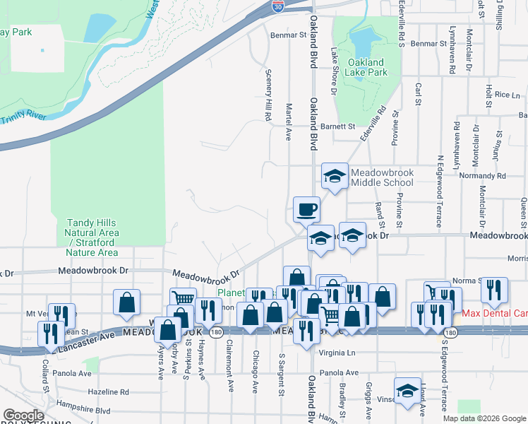 map of restaurants, bars, coffee shops, grocery stores, and more near 2200 Chelsea Road in Fort Worth