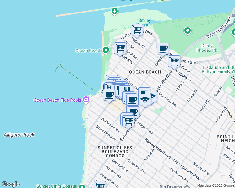 map of restaurants, bars, coffee shops, grocery stores, and more near 4994 Newport Avenue in San Diego