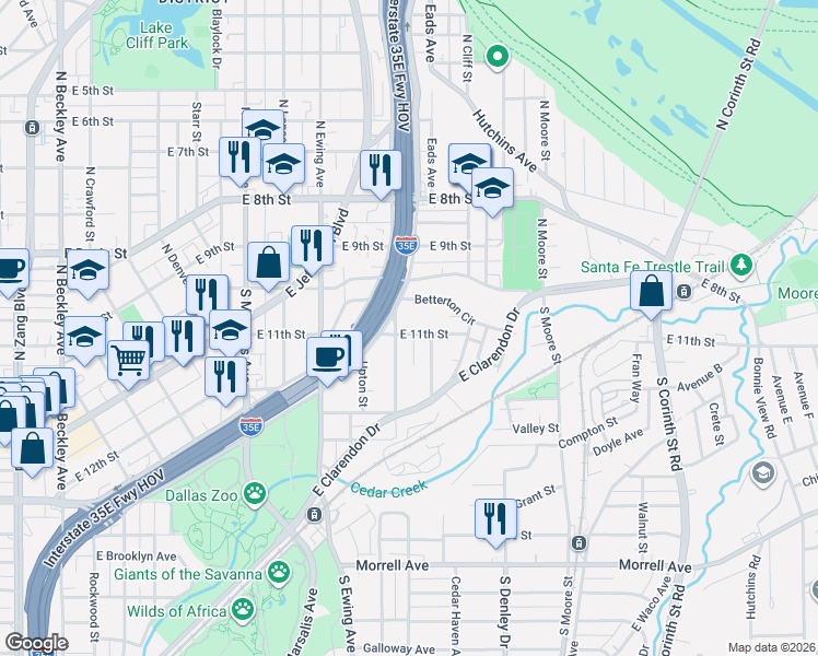 map of restaurants, bars, coffee shops, grocery stores, and more near 1009 East 11th Street in Dallas