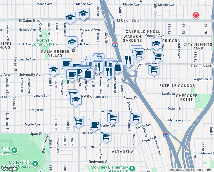 map of restaurants, bars, coffee shops, grocery stores, and more near 3780 32nd Street in San Diego