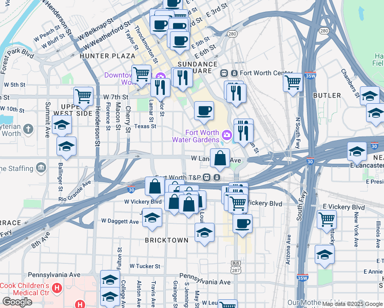 map of restaurants, bars, coffee shops, grocery stores, and more near in Fort Worth