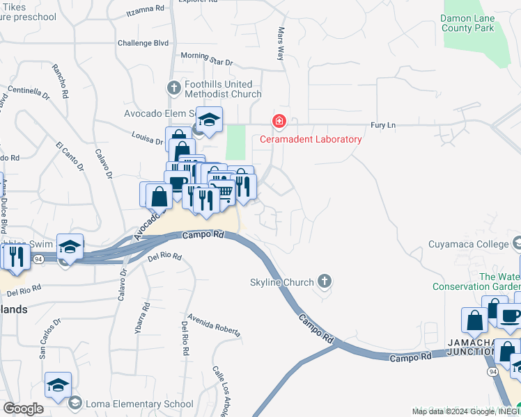 map of restaurants, bars, coffee shops, grocery stores, and more near 3658 Avocado Village Court in La Mesa