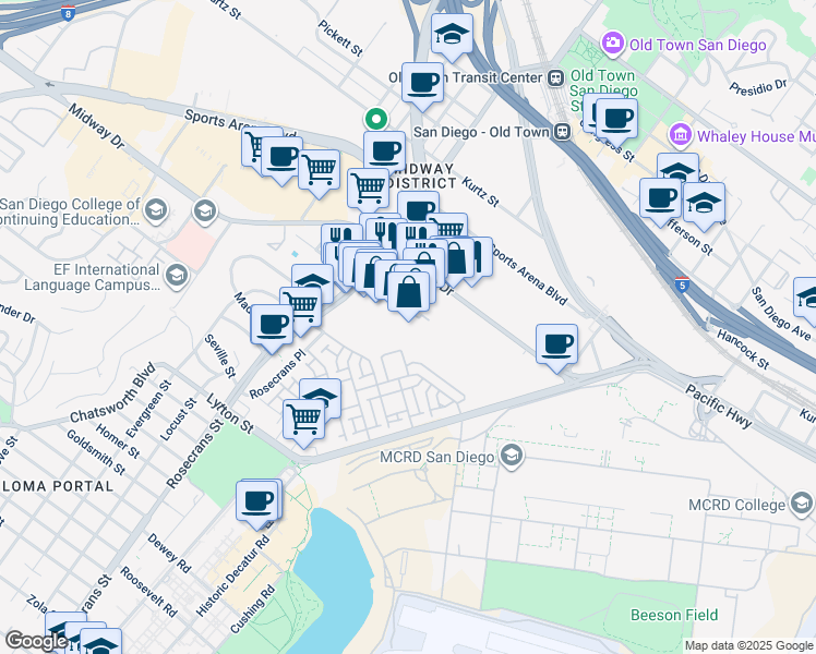 map of restaurants, bars, coffee shops, grocery stores, and more near 53 Bogley Drive in San Diego