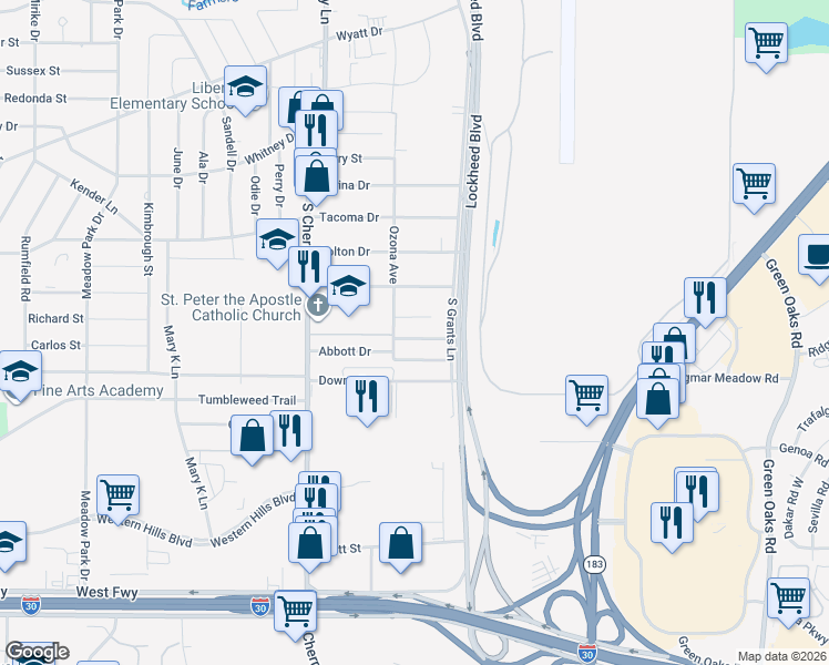 map of restaurants, bars, coffee shops, grocery stores, and more near 7704 Carlos Street in Fort Worth