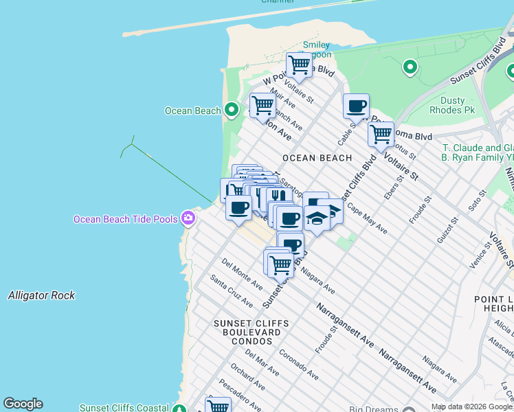 map of restaurants, bars, coffee shops, grocery stores, and more near 4994 Newport Avenue in San Diego