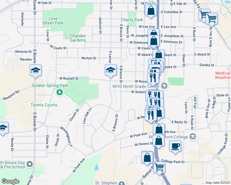 map of restaurants, bars, coffee shops, grocery stores, and more near 417 West Anderson Street in Weatherford