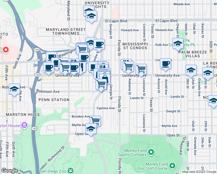 map of restaurants, bars, coffee shops, grocery stores, and more near in San Diego