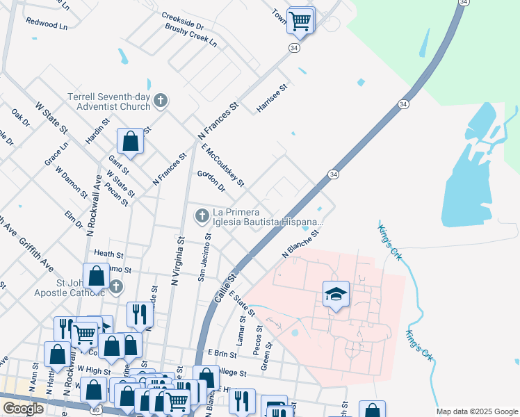 map of restaurants, bars, coffee shops, grocery stores, and more near 302 East McCoulskey Street in Terrell