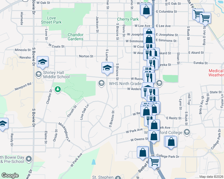 map of restaurants, bars, coffee shops, grocery stores, and more near 417 West Anderson Street in Weatherford