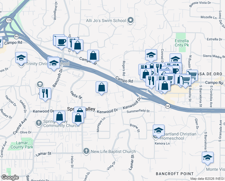 map of restaurants, bars, coffee shops, grocery stores, and more near 9421 Barbic Lane in Spring Valley