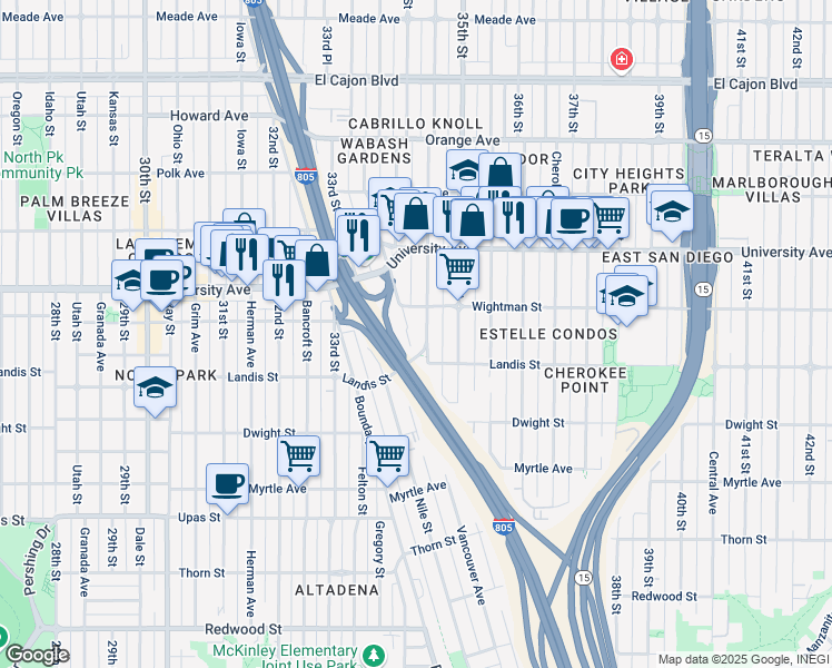 map of restaurants, bars, coffee shops, grocery stores, and more near 3710 Wabash Avenue in San Diego
