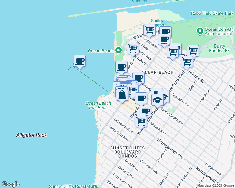 map of restaurants, bars, coffee shops, grocery stores, and more near 5022 Niagara Avenue in San Diego
