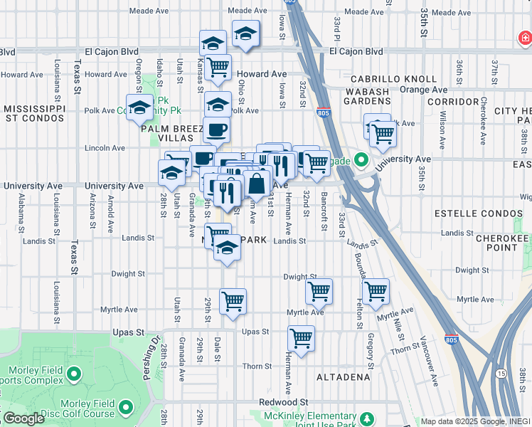 map of restaurants, bars, coffee shops, grocery stores, and more near 3746 31st Street in San Diego