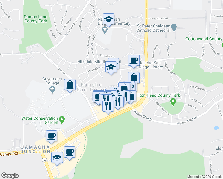 map of restaurants, bars, coffee shops, grocery stores, and more near 11430 Via Rancho San Diego in El Cajon