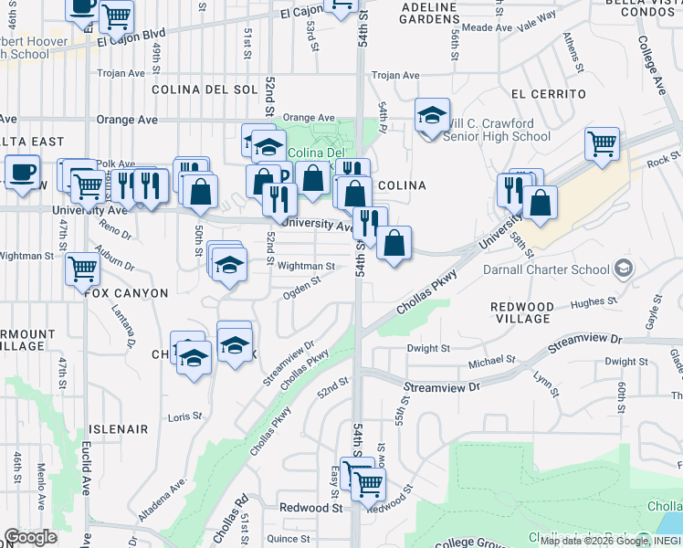 map of restaurants, bars, coffee shops, grocery stores, and more near 5315 Ogden Street in San Diego
