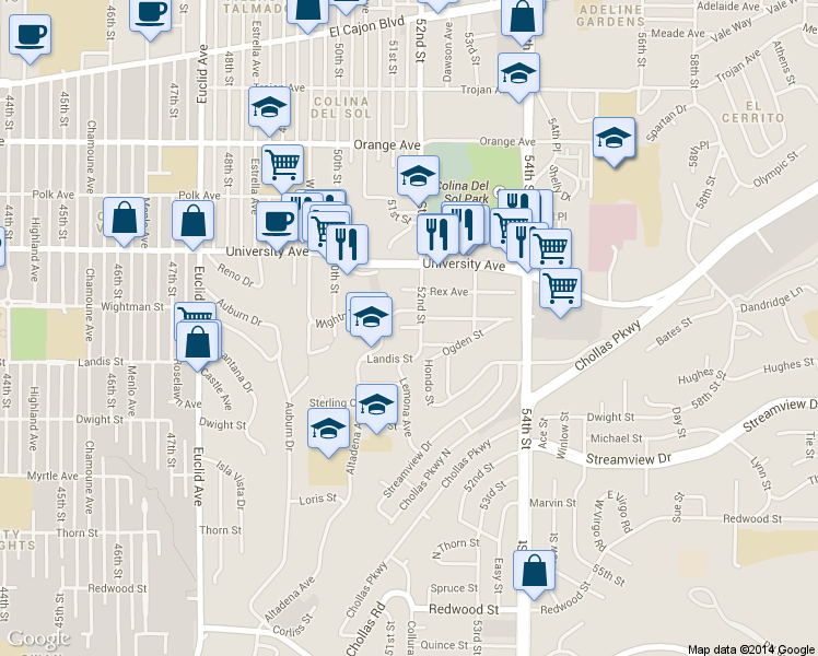 map of restaurants, bars, coffee shops, grocery stores, and more near 3720 52nd Street in San Diego