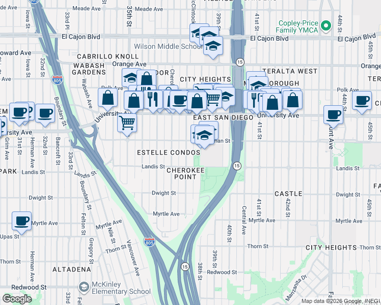 map of restaurants, bars, coffee shops, grocery stores, and more near 3727 37th Street in San Diego