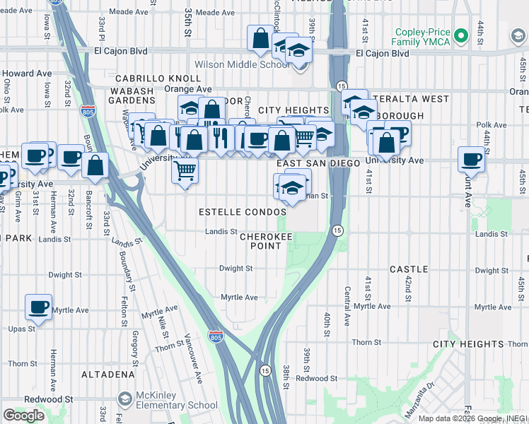 map of restaurants, bars, coffee shops, grocery stores, and more near 3725 Cherokee Avenue in San Diego