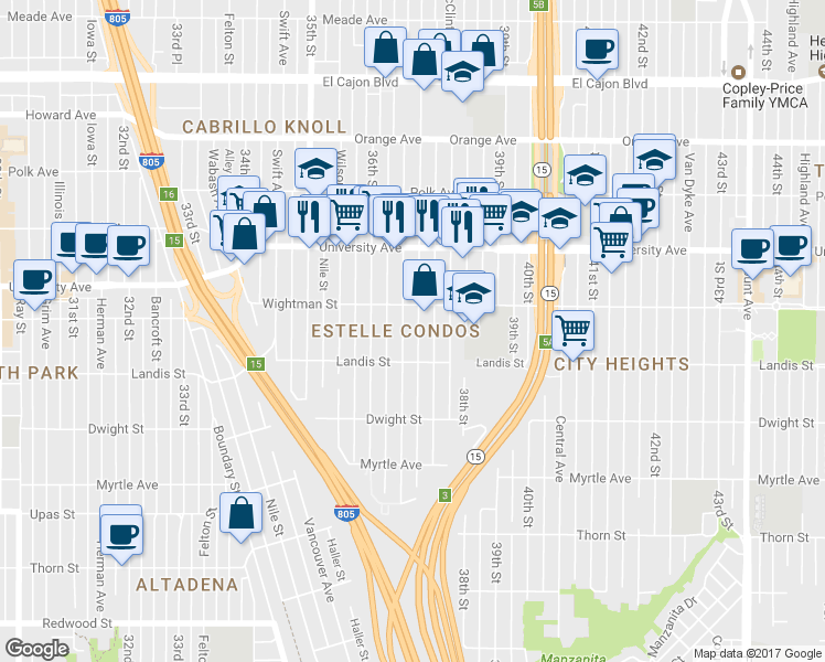 map of restaurants, bars, coffee shops, grocery stores, and more near 3725 Cherokee Avenue in San Diego