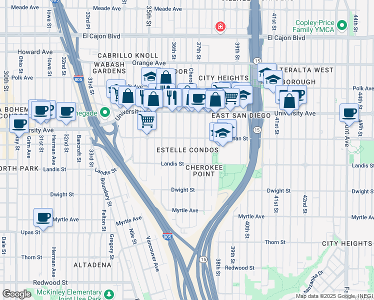 map of restaurants, bars, coffee shops, grocery stores, and more near 3725 Cherokee Avenue in San Diego