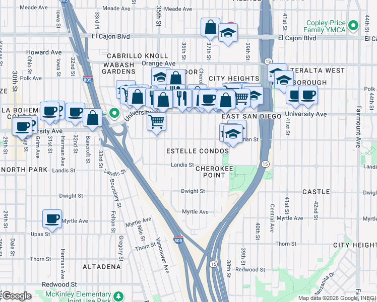 map of restaurants, bars, coffee shops, grocery stores, and more near 3723 36th Street in San Diego