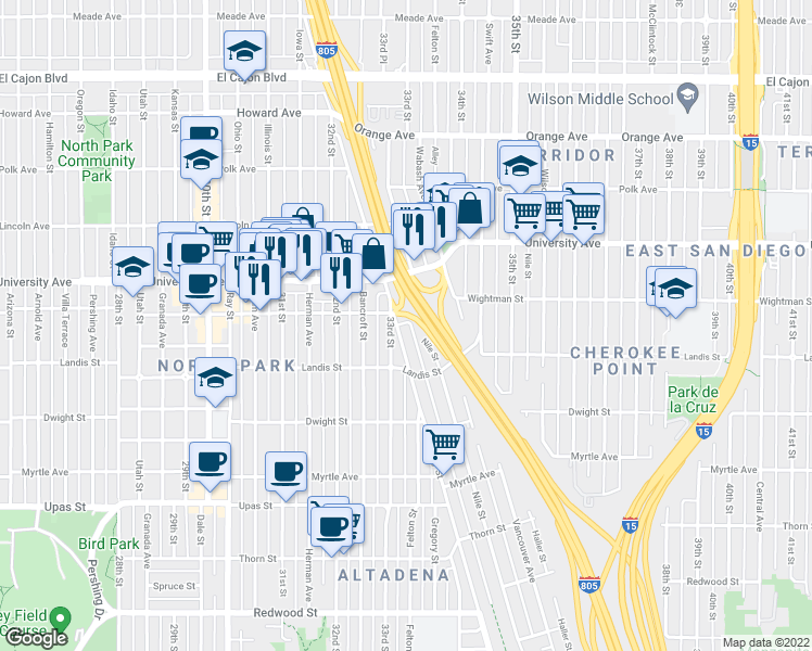 map of restaurants, bars, coffee shops, grocery stores, and more near 3752 33rd Street in San Diego