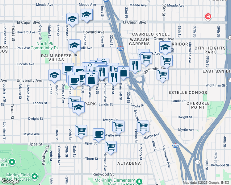 map of restaurants, bars, coffee shops, grocery stores, and more near 3747 32nd Street in San Diego