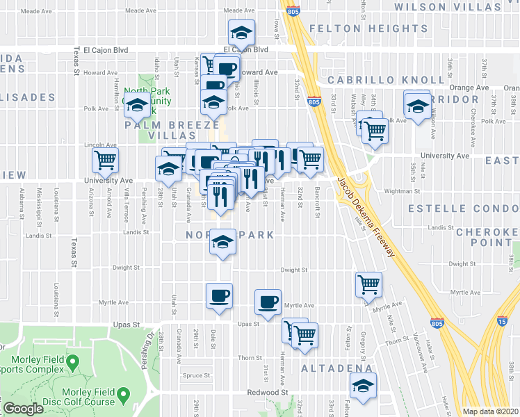 map of restaurants, bars, coffee shops, grocery stores, and more near 3746 31st Street in San Diego