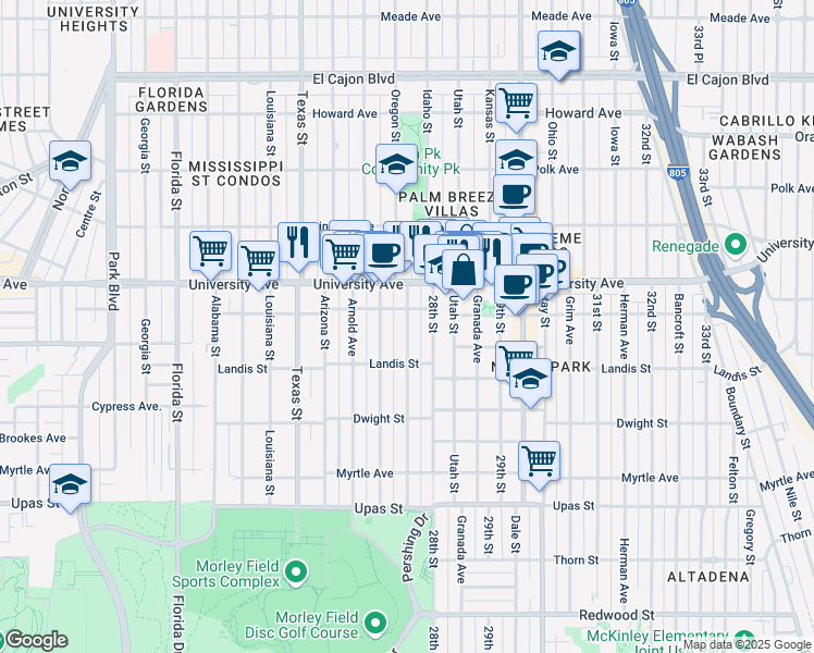 map of restaurants, bars, coffee shops, grocery stores, and more near 3740 Pershing Avenue in San Diego