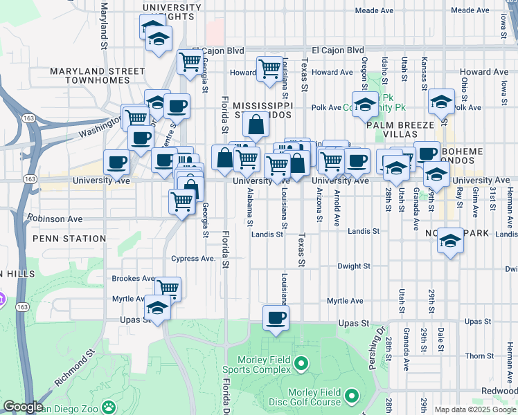 map of restaurants, bars, coffee shops, grocery stores, and more near 3749 Mississippi Street in San Diego