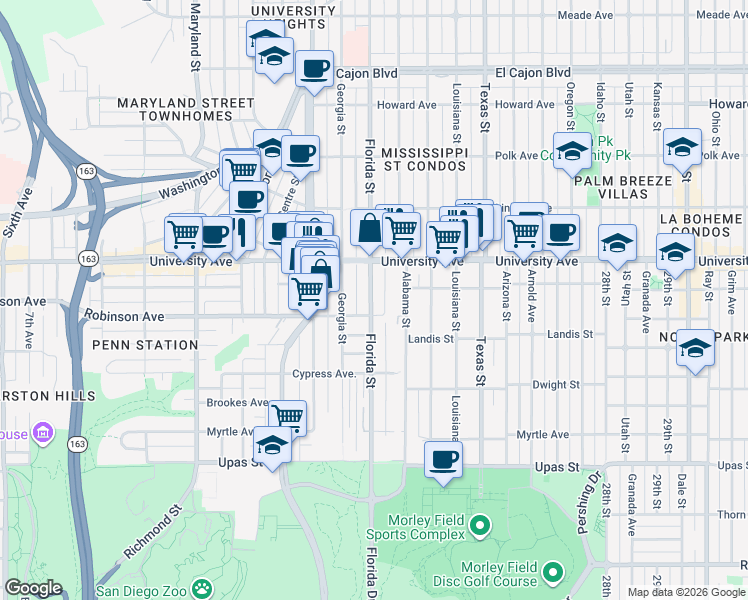 map of restaurants, bars, coffee shops, grocery stores, and more near 1996 Robinson Avenue in San Diego