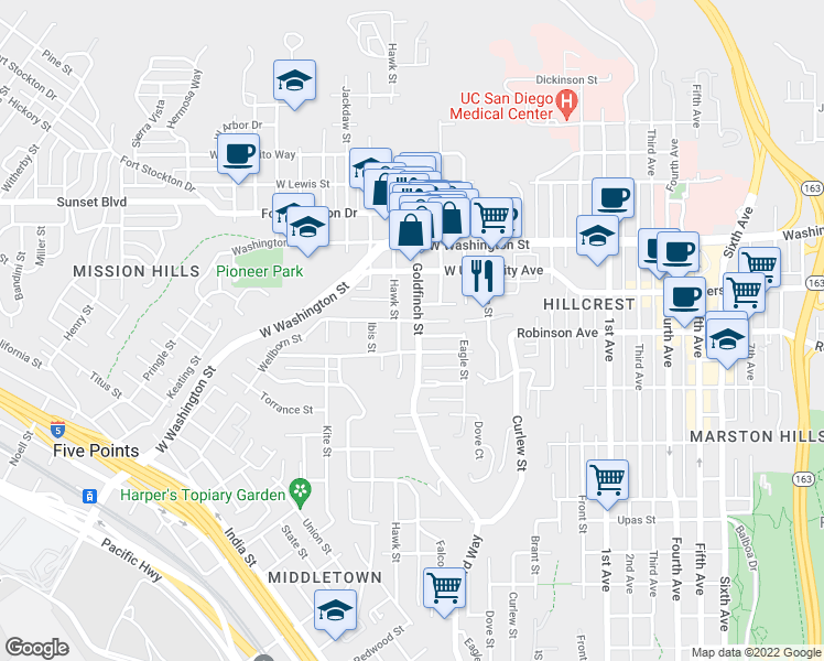 map of restaurants, bars, coffee shops, grocery stores, and more near 824 Sutter Street in San Diego