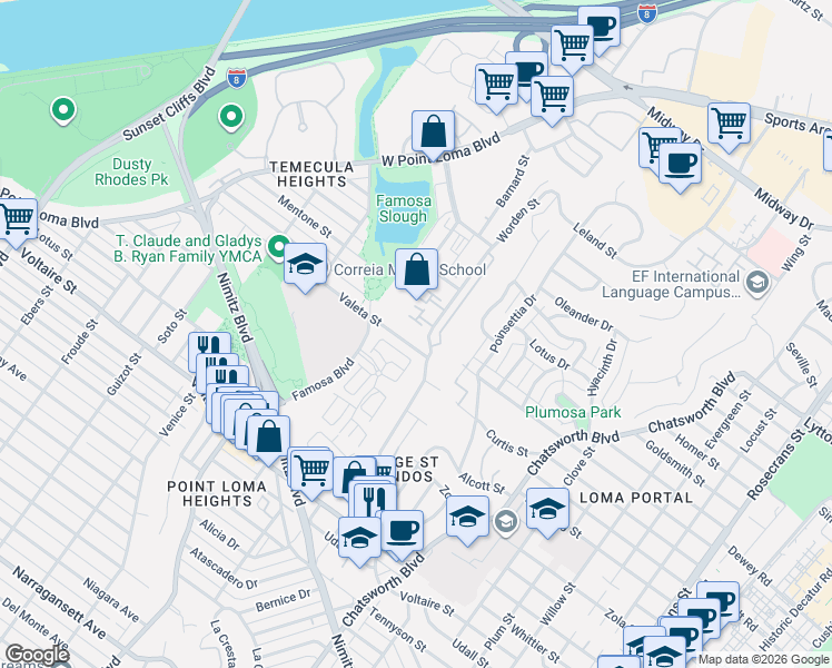map of restaurants, bars, coffee shops, grocery stores, and more near 2478 Caminito Venido in San Diego